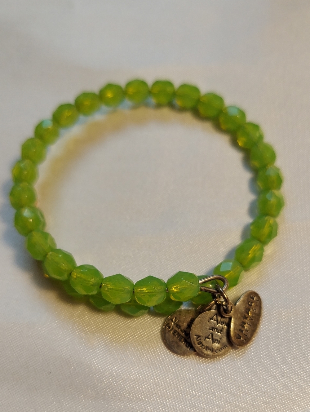 Alex & Ani Bracelet, Spring Green Beads, Memory Wire, 3 Silver Charms